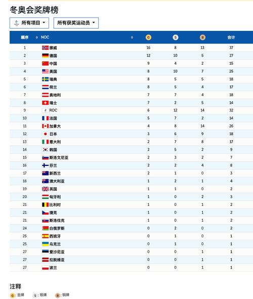 冬奥会奖牌榜排名